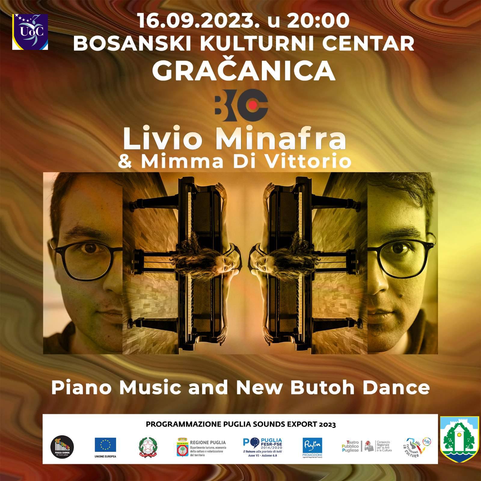 Može biti slika sljedećeg: 3 ljudi i tekst "16.09.2023. u 20:00 BOSANSKI KULTURNI CENTAR GRAČANICA Livio Minafra & Mimma Di Vittorio Piano Music and New Butoh Dance PROGRAMMAZIONE PUGLIA SOUNDS EXPORT 2023 PUGLIA PCutura"