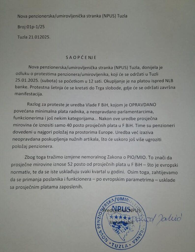 U subotu najavljen protest penzionera u Tuzli U subotu najavljen protest penzionera u Tuzli